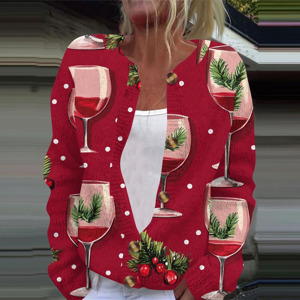 Women's Fashion Christmas Printed Long Sleeve Knitted Cardigan Button Down Jacket