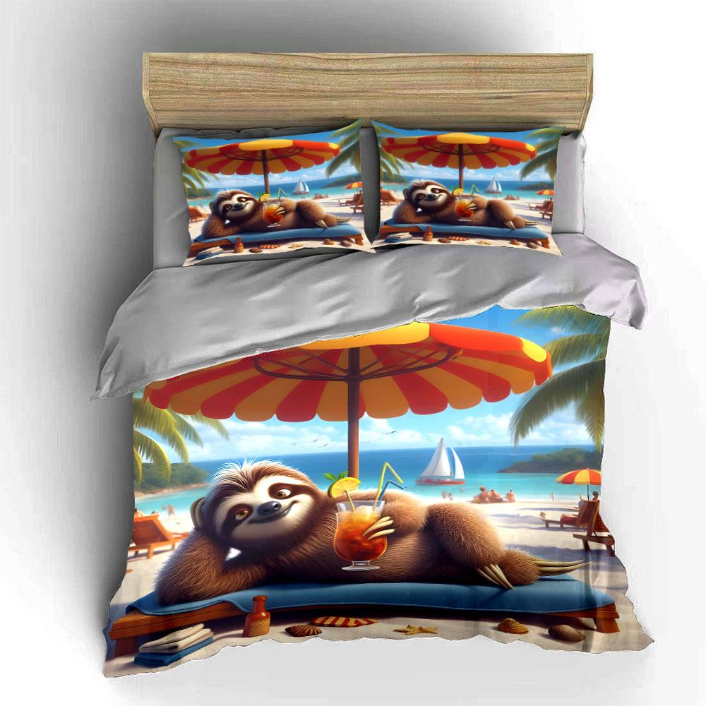 Beach Relaxation Sloth Set Bedding Set with 1 Duvet Cover 2 Pillowcases Single Double King Queen, Gift