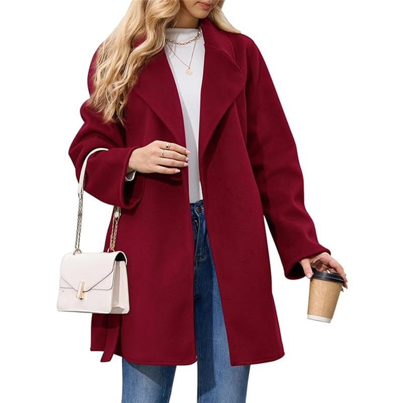 Women's Autumn and Winter Solid Color Long Sleeve Suit Collar Belt Woolen Suit Jacket