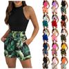 (Qunide) Sleeveless Vest Casual Shorts Suit Women O-Neck Sleeveless Tank Top Shorts Set For Womens With Belt