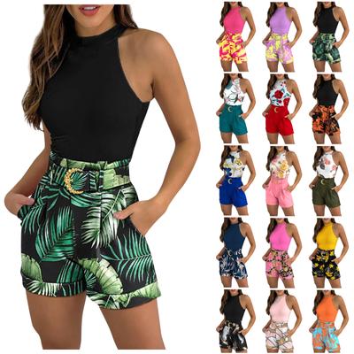 Жилет без рукавов, повседневный костюм с шортами, женский топ без рукавов с круглым вырезом, шорты, комплект для женщин с поясом