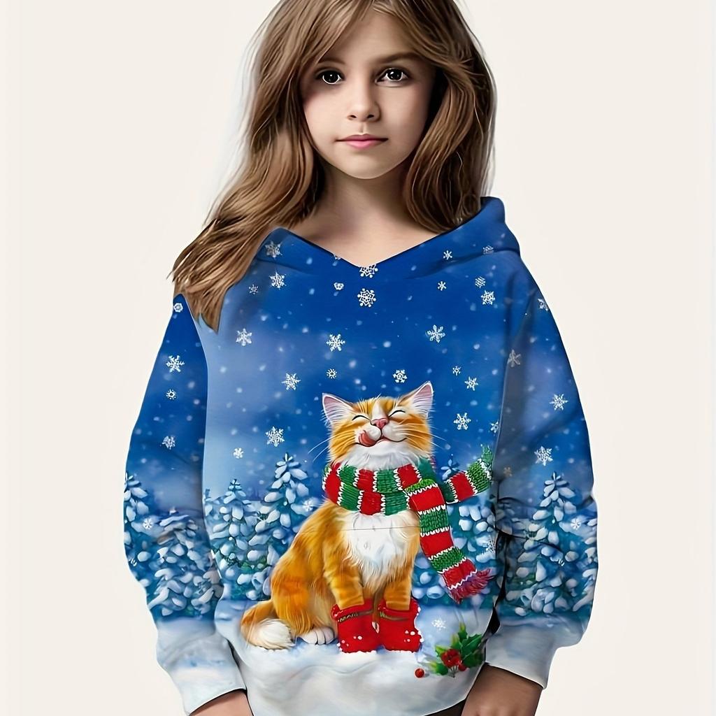 Детская одежда Толстовки с капюшоном для девочек с длинным рукавом с рисунком в виде 3D-рождественского принта Детская одежда на весну и осень Повседневная милая уличная одежда для девочек