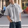 INCERUN Summer Oversized Men Tie Up Neck Half Sleeve Plaid Print Casual Loose Shirts