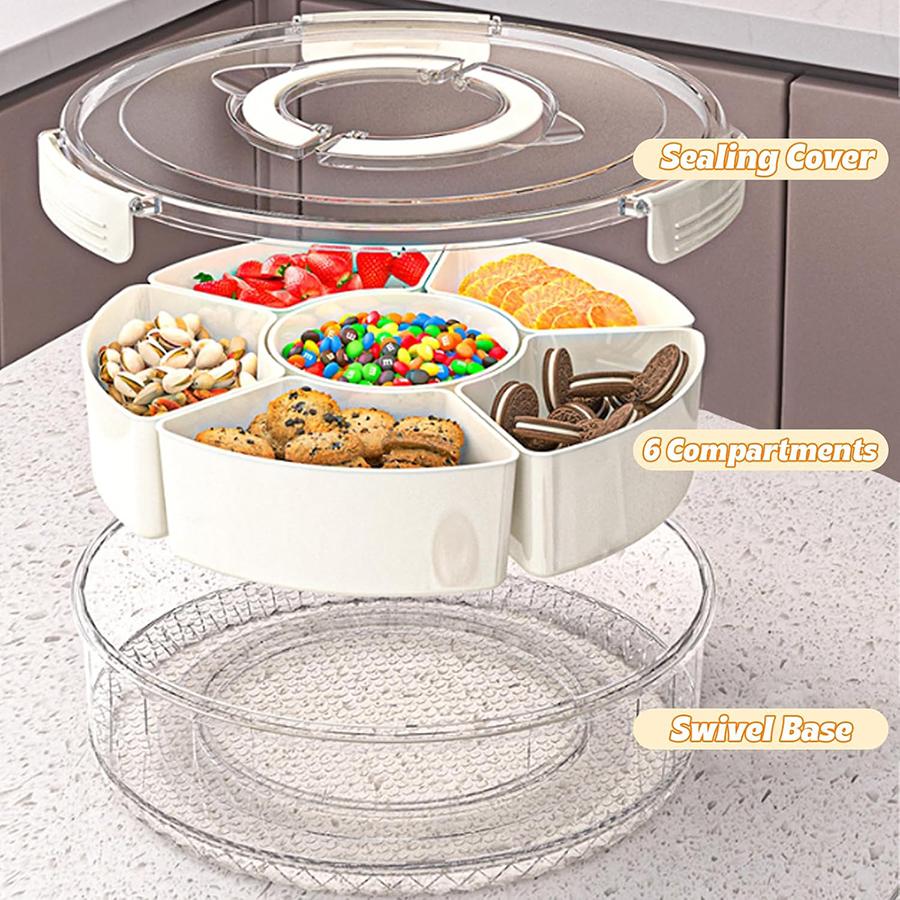 Вращающаяся подставка для овощей с ручкой, Разделенный сервировочный поднос, Сервировочный поднос с крышкой, Портативный вращающийся поднос для закусок, Прозрачный органайзер для хранения в холодильнике