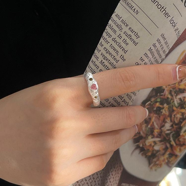 ANENJERY Кольца на указательный палец с розовым цирконием и серебряным цветом, неправильная текстура, для женщин, милый ретро-дизайн, вечерние ювелирные изделия, подарок