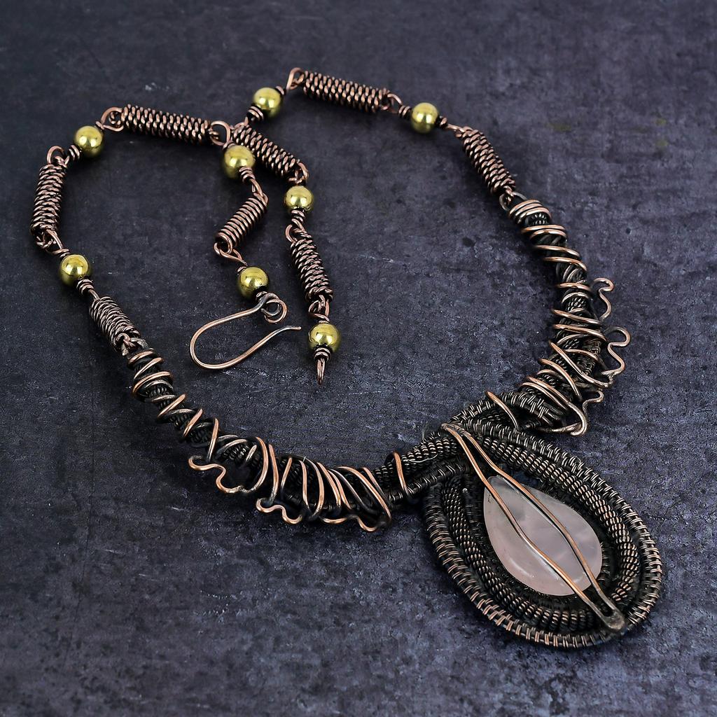 Rose Quartz Gemstone Handmade Copper Wire Wrap Jewelry Necklace 18" b0d34