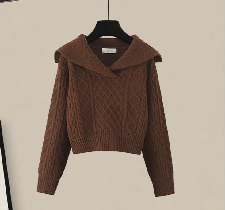 Комплект из свитера и юбки в японском стиле в стиле ретро с темно-синим воротником и ленивым узором - коллекция осень 2024 года.