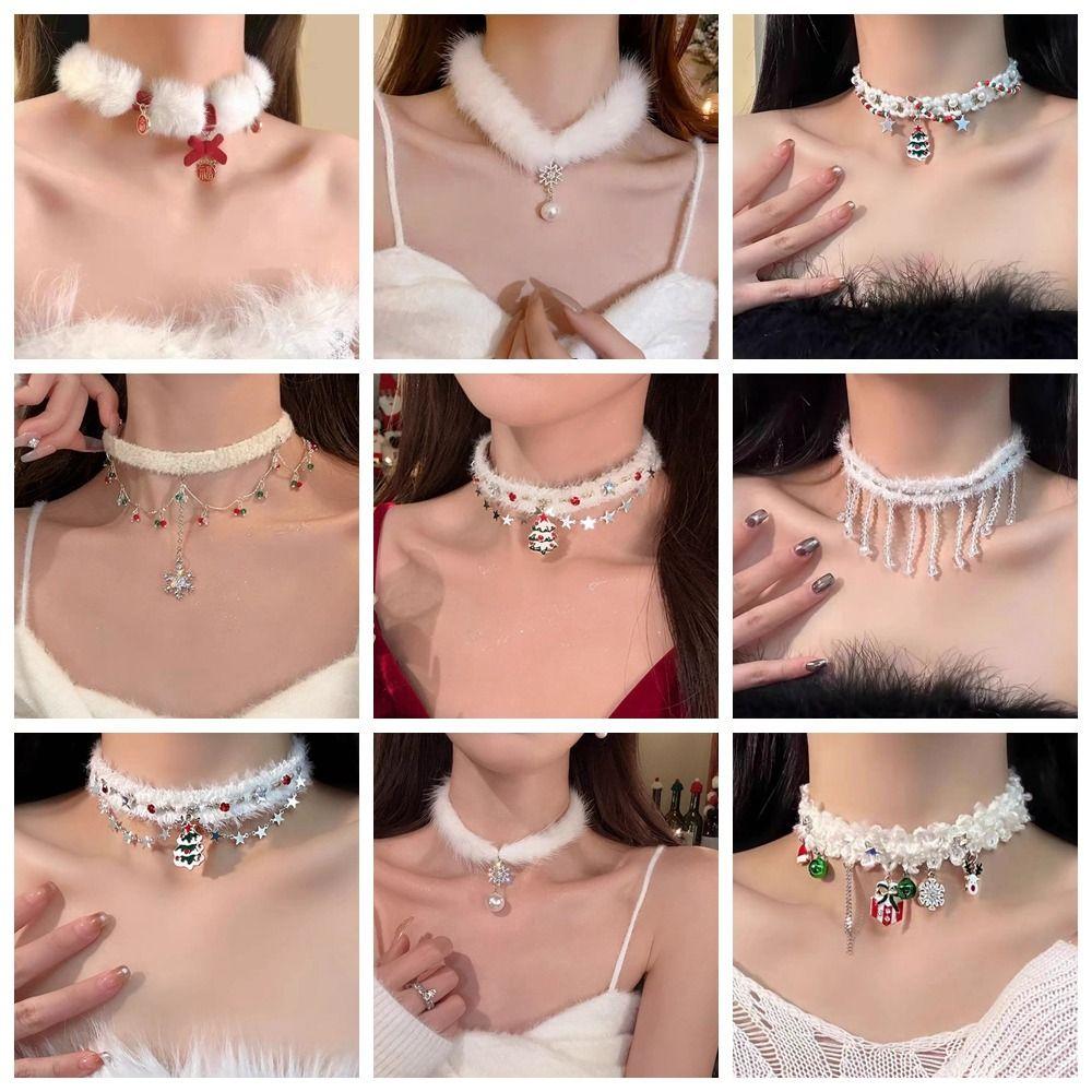 Santa Claus Christmas Plush Choker Christmas Tree Xmas Clavicle Chain  Jewelry Accessories