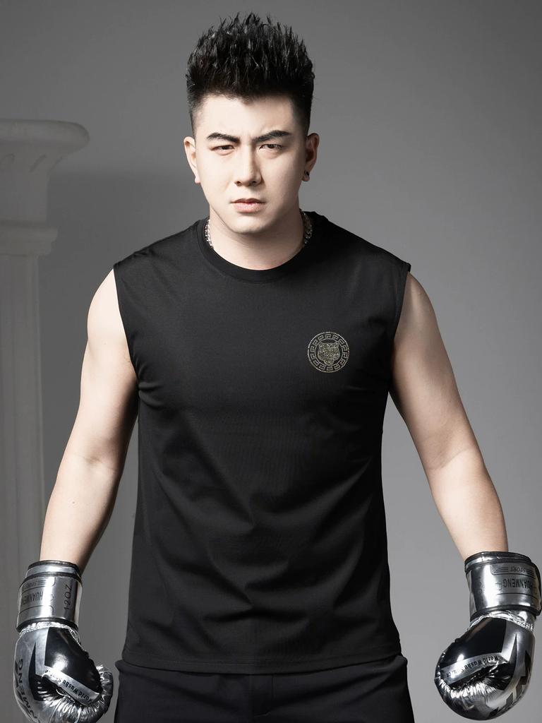 European Style Sports Vest for Men, Summer 2025 New Trendy Tiger Head Rhinestone Sleeveless T-Shirt Men's Tank Top