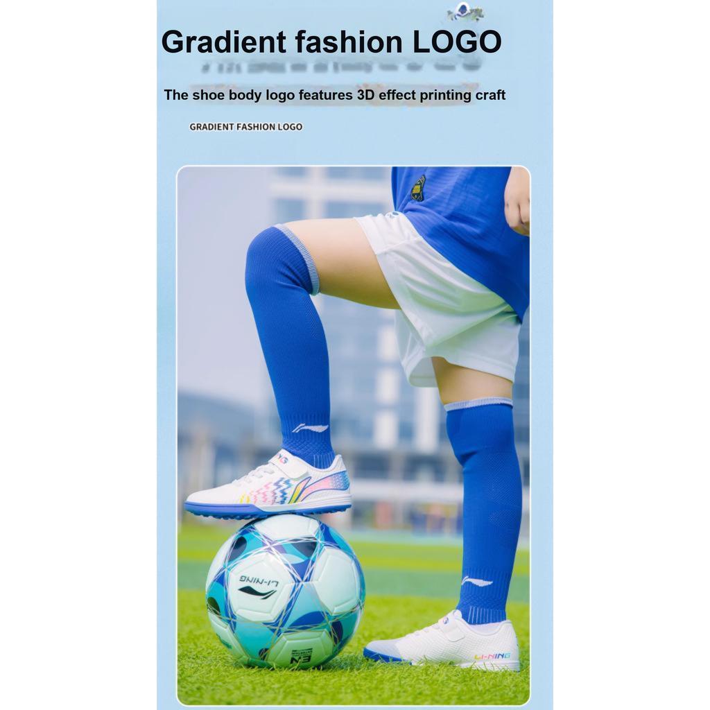 Li Ning Kids Artificial Turf Casual Shock Absorbing Durable Low Top Football Shoes Kids Football Shoes White Blue YKGU008-3