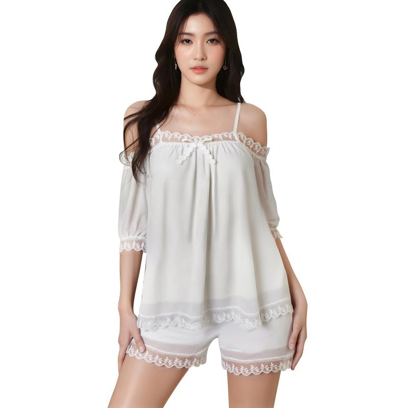 Beautiful yarn princess wind one-word shoulder white suit breathable lace suspender mesh yarn pure desire wind