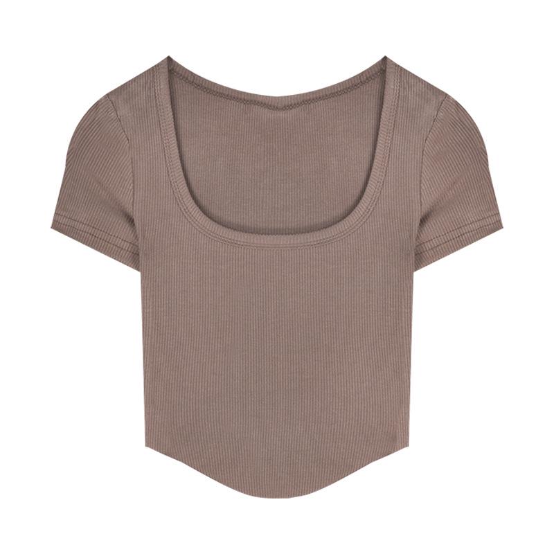 Летняя футболка 2025 года с неровным низом, высокой талией в рубчик - Женский приталенный топ с коротким рукавом