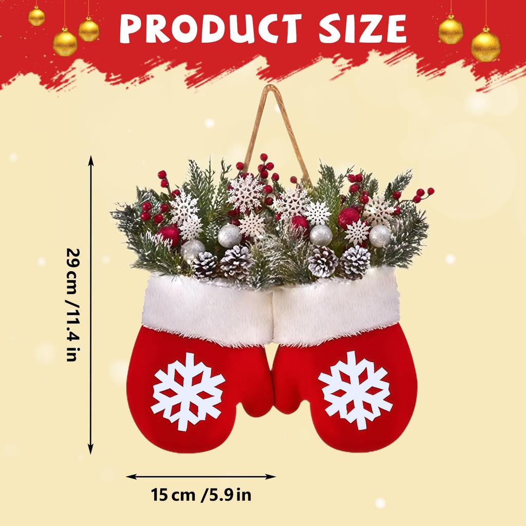 Twinkling Christmas Mitten Wreath Artificial Lights Garland Decorations LED Pre-Lit Berries Pine Branches Hanging Ornament