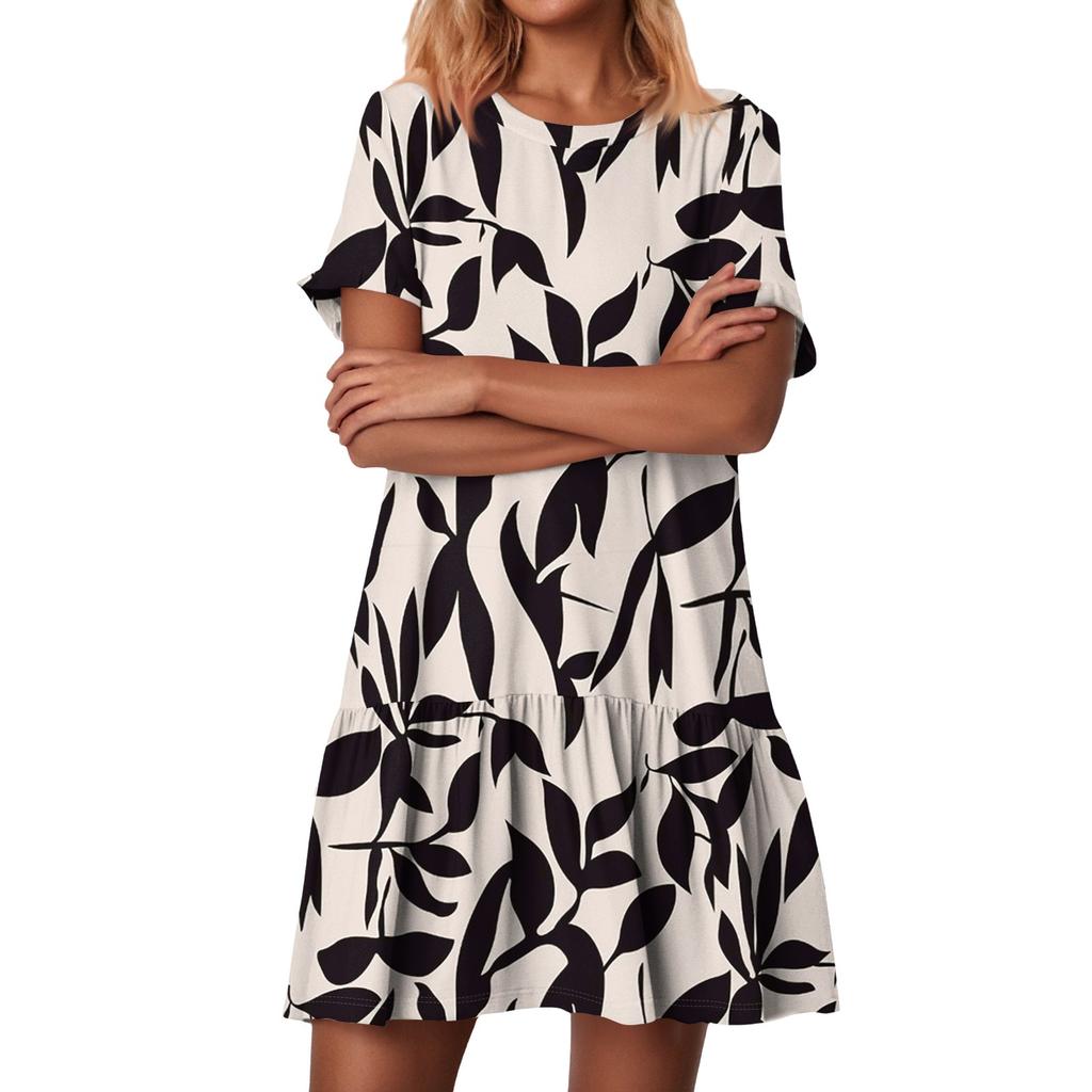 Женские модные повседневные платья с круглым вырезом и коротким рукавом с оборками и винтажным принтом