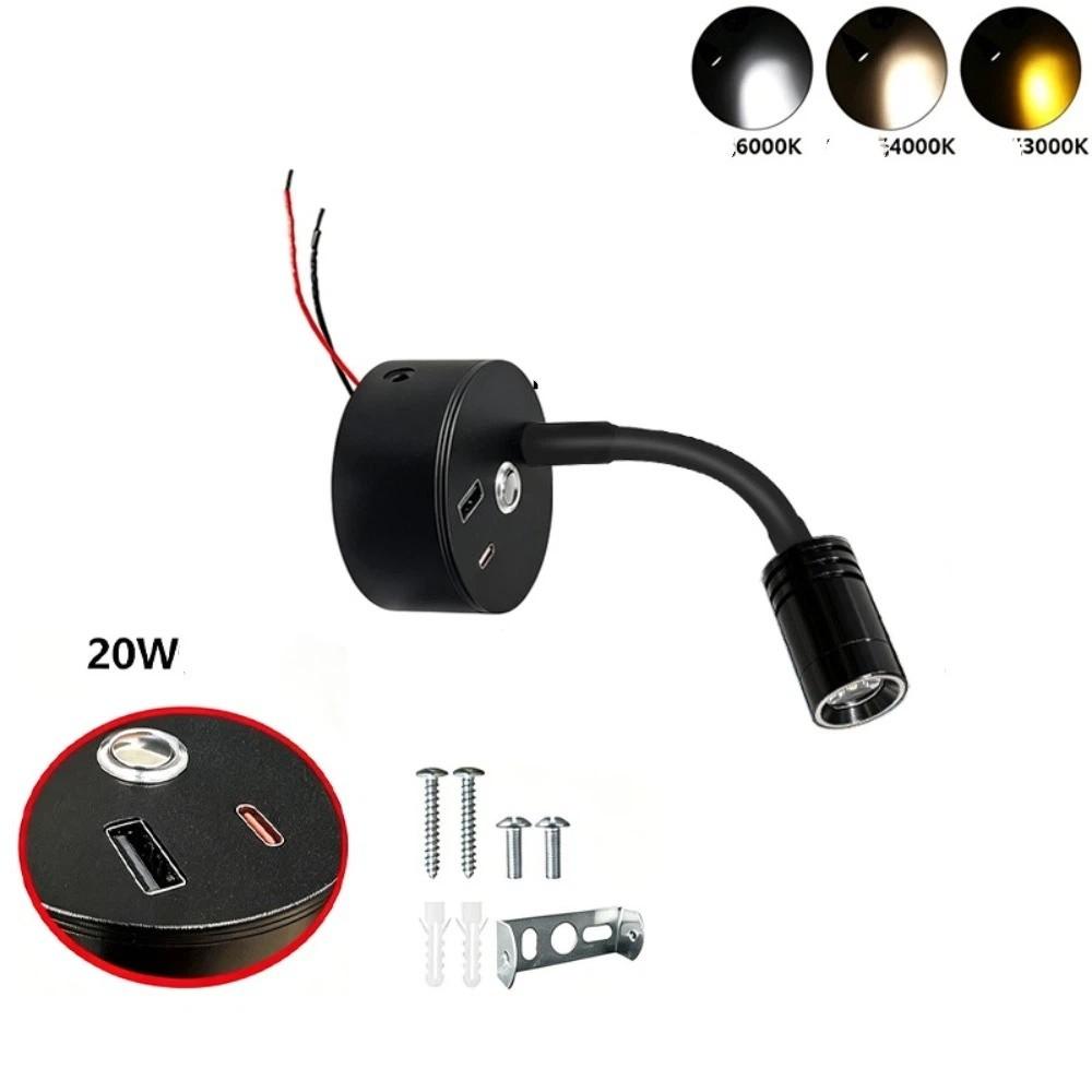 Type-C & USB Outlet LED Reading Lamp Flexible Gooseneck Wall Light Indoor