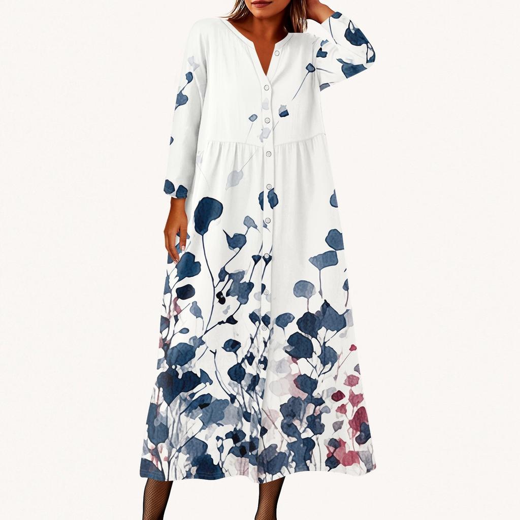 Women's Fashionable Printed Round Neck Seven Quarter Sleeve Button Loose Shirt Dress