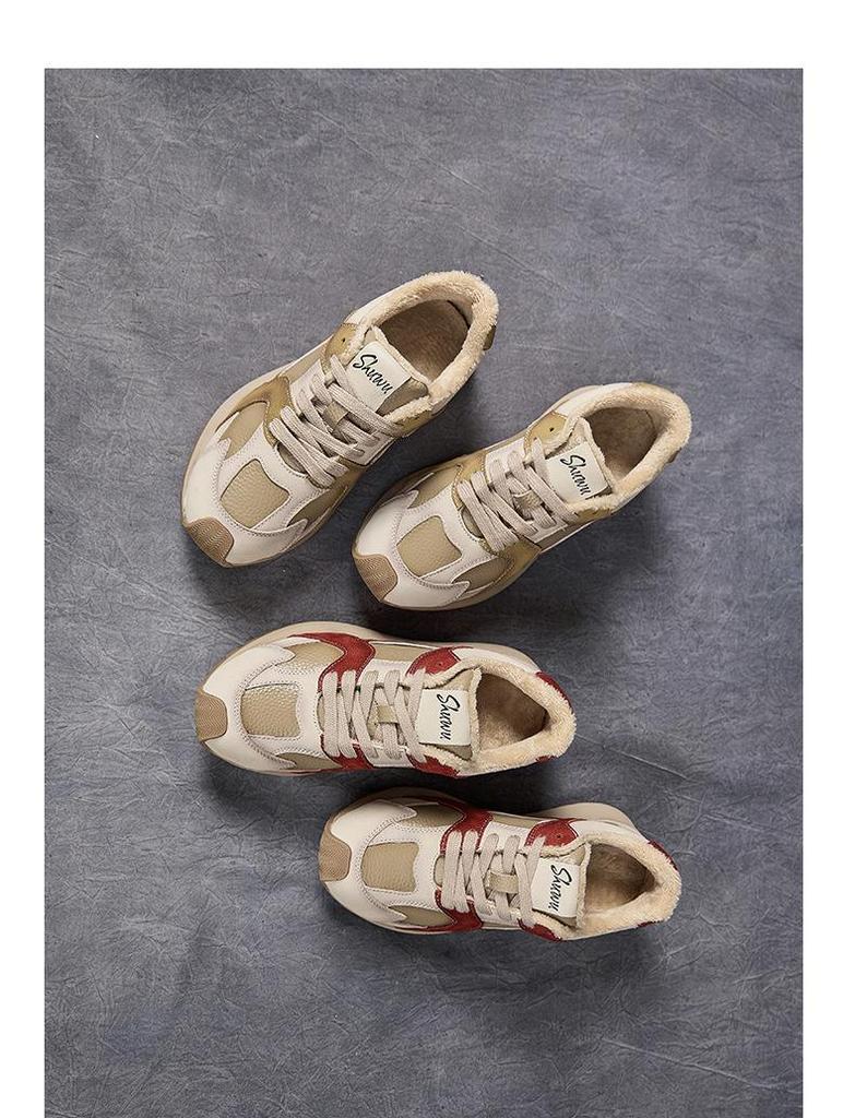 Shu Wu Autumn/Winter Women’s Genuine Leather Color Block Lace-Up Flat Shoes with Fleece Lining