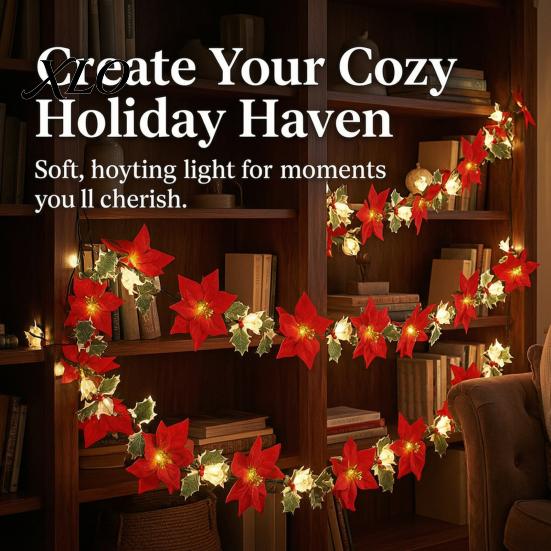 Christmas Decorative Lanterns Poinsettia String Lights, 200/300cm Red Green Floral Garland, Battery/USB Low Voltage LED Operated Indoor Outdoor Fairy