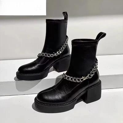 Платформа Женские Ботильоны Цепочка Высокий Каблук Кожаные Туфли Женские Тенденции 2025 Новые Ботинки Челси Туфли-лодочки Зимние Mujer Botas