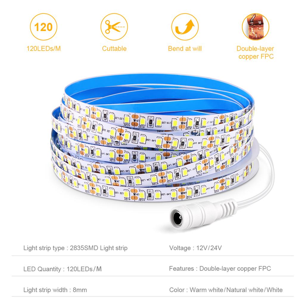 5M 10M Double Layer Copper FPCB LED Strip Light DC12V 24V 120LEDs/M High Brightness SMD 2835 Diode Tape Room Decoration Bar Lamp