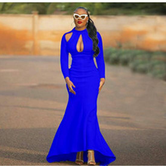 2024 Лето Женское Платье Больших Размеров с Рукавом-трубой, Круглым Вырезом, Разрезом На Бедрах, Африканское Платье