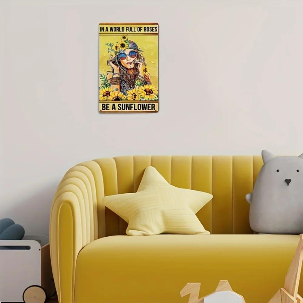 1pc Hippie Room Wall Decor Vintage Metal Sign, Sunflower Wall Decor Poster, Hippie Poster, Bathroom Decor Kitchen Sign