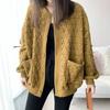 Women's Spring and Autumn Mid Length Solid Color Simple Diamond Grid Coat Loose Long Sleeve Round Neck Baseball Jacket