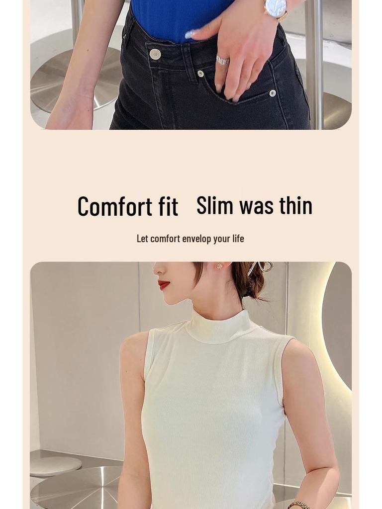 Женский облегающий хлопковый жилет без рукавов с полувысоким воротником - Летний топ однотонной расцветки