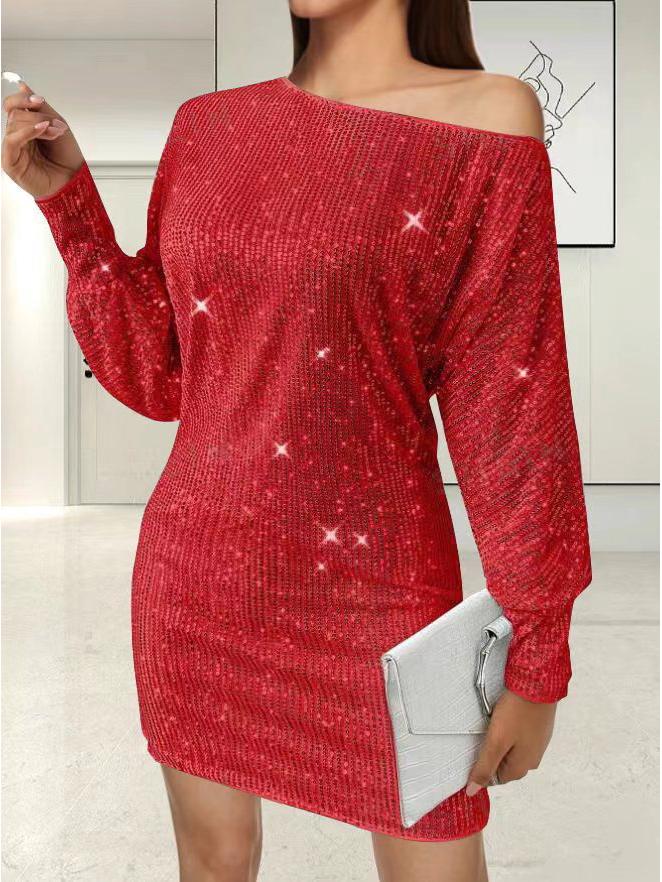 2024 Spring/Summer Women's One-Shoulder Sequin Midi Dress with Long Sleeves