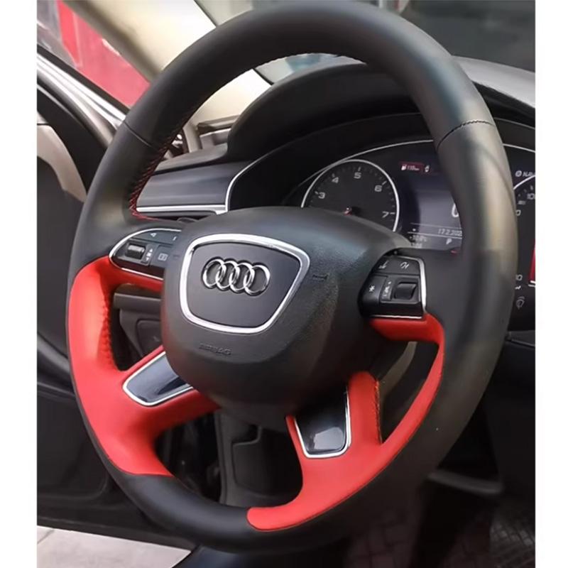 Braid Red Leather Cover for B A4 (B8) A6 (C7) A7 A8 A8L Allroad Q5 Q7 2011-2018 DIY Full Coverage Car Steering Wheel Cover