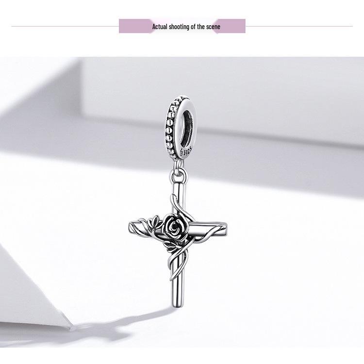 S925 Sterling Silver Rose Cross Pendant Bracelet with European & American Style Flower Beads