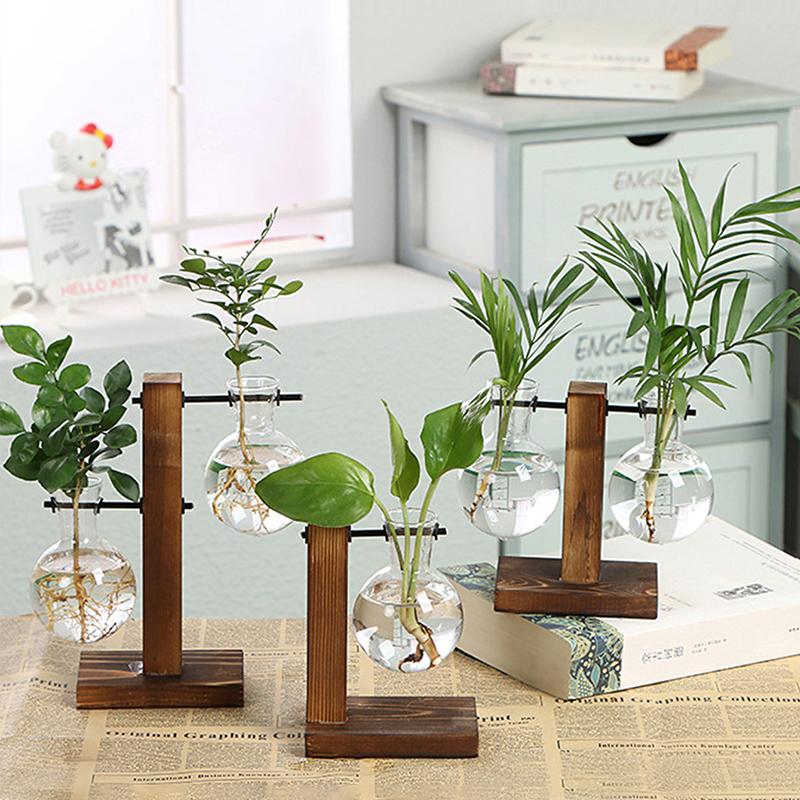 Creative Wooden Frame Hydroponic Vase Green Plant Transparent Glass Flower Arrangement Container Desktop Decoration Home Decoration