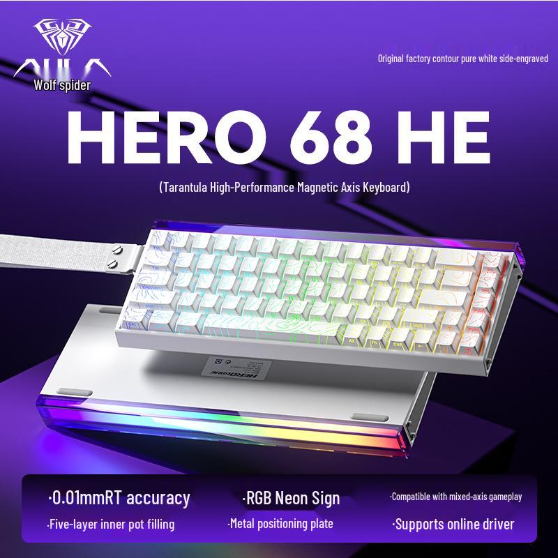 Игровая клавиатура AULA Hero68 Wolf Spider с магнитными переключателями - Высокопроизводительная, с розовым градиентом, проводная, оптимизированная для FPS.