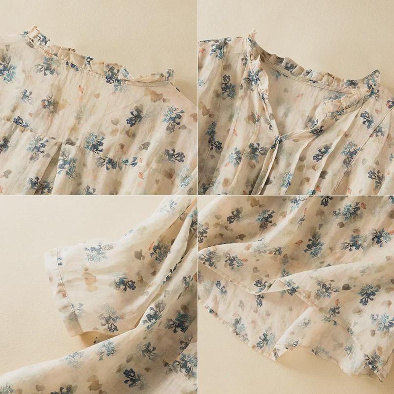 Летняя льняная рубашка с цветочным принтом и воротником-ушком