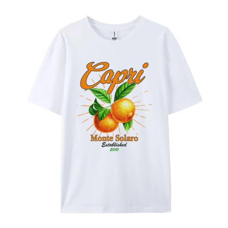 Ретро Оранжевые футболки Capri для женщин Милые футболки с фруктовым принтом Короткий рукав Свободный футболка для отпуска в Италии Винтажные эстетичные топы