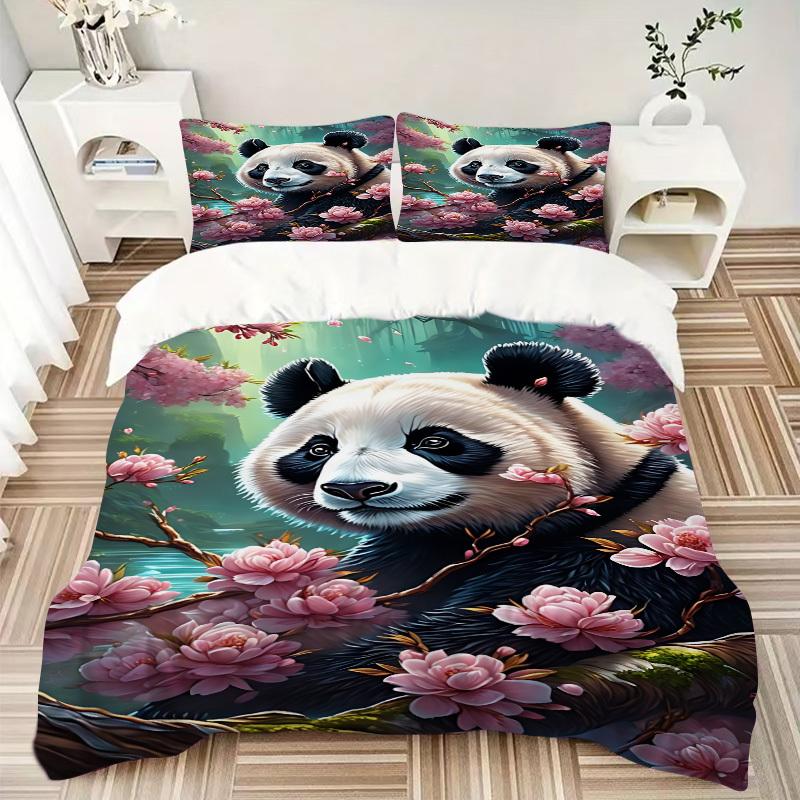 3pcs Panda, Cherry Blossom Duvet Cover Set -Includes 1 Duvet Cover and 2 Pillowcases, No Quilt Core, All-Season Home Decor yy251111198