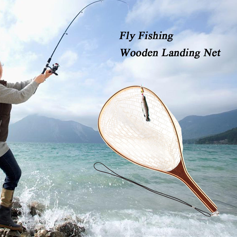 Fly Fishing Landing Net Wooden Handle Frame Catch and Release Net Portable Lightweight Rubber Fishing Net