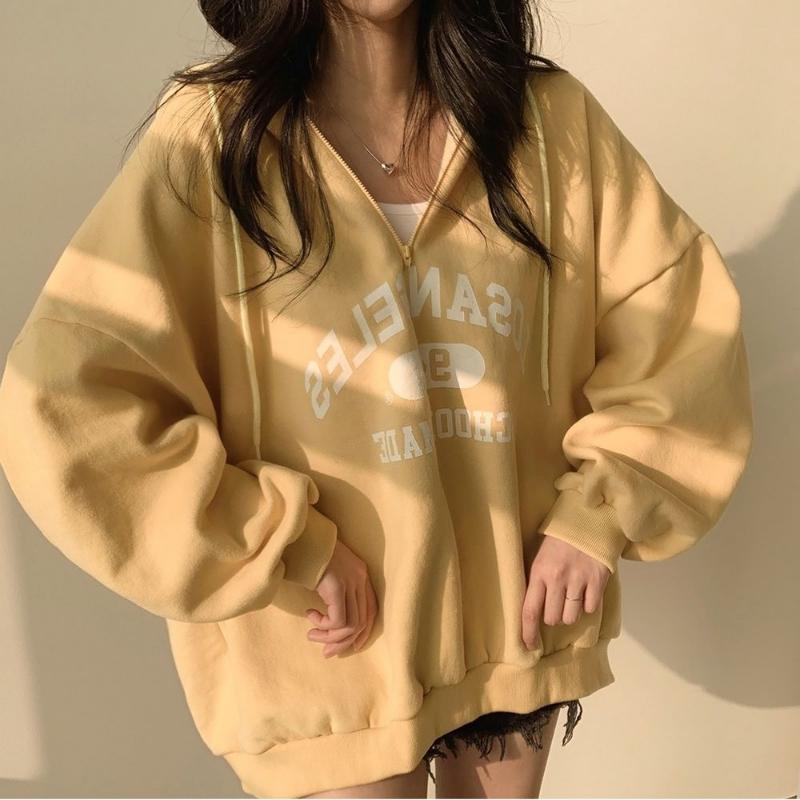 Zipper Hooded Sweater Women's Autumn and Winter Models Plus Down Thick Section Thin Section Spring and Autumn Loose Oversize Tops