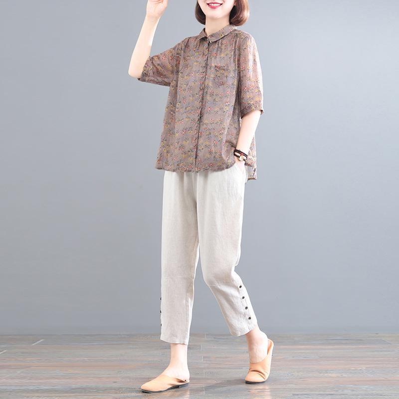 Женский летний костюм-двойка из хлопка и льна с цветочным принтом и короткими рукавами 2023 года — свободный крой, облегающее платье в корейском стиле