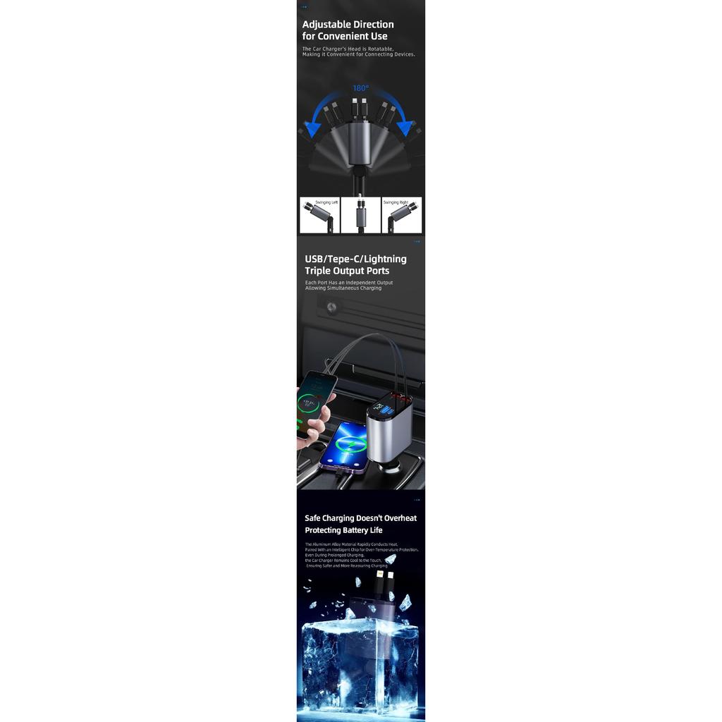120 Watt Car Charger 4in1 Retractable Car Cigarette Lighter Adapter USB Type C Super Fast Charger Swivel High Compatibility