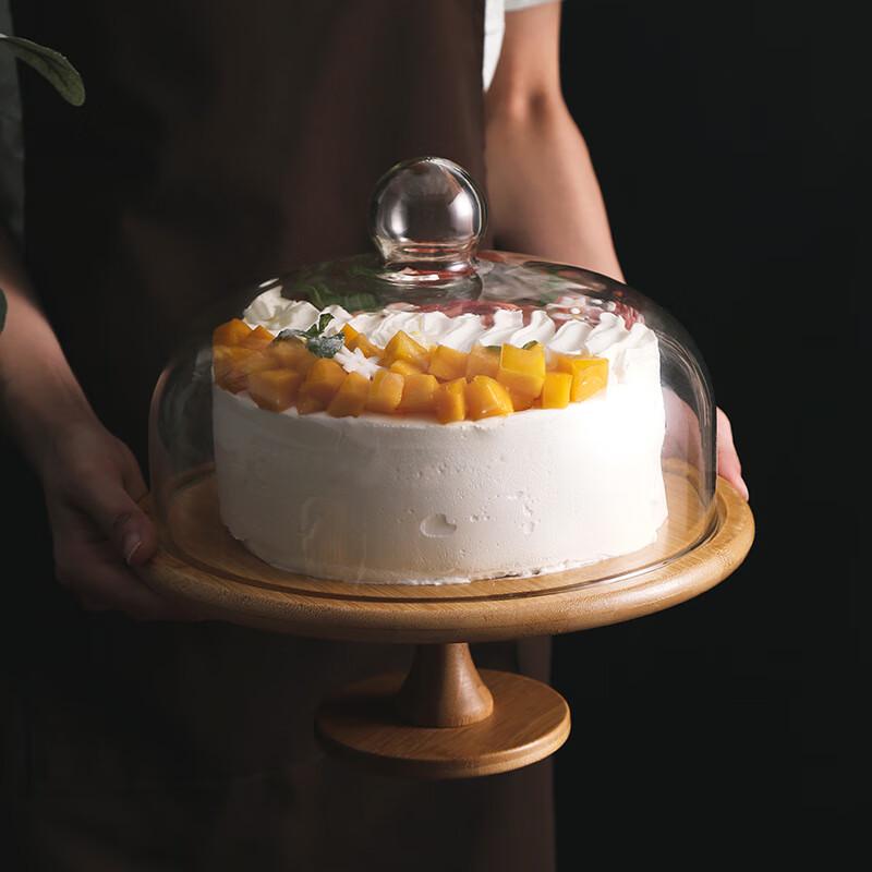 Bamboo Wood Cake and Dessert Stand with Glass Dome