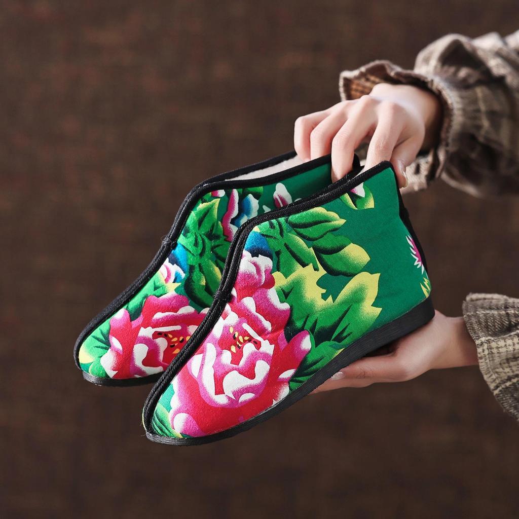 Ботинки из хлопка с цветочным узором на северо-востоке: Стиль осень/зима, удобная бархатная подкладка, нескользящая, мягкая подошва, ручная работа для людей среднего и пожилого возраста