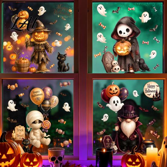 Waterproof Pumpkin Ghost Murals 4Pcs Halloween Cartoon Window Clings Scarecrow Stickers Home Beautification Supplies Removable Decals for Storefront
