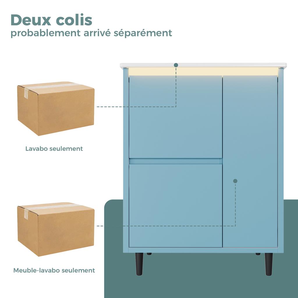 61*46.5*87Cm, freestanding bathroom washstand, lacquered surface, integrated ceramic basin, soft-close hinges, two drawers, high-leg design, blue.