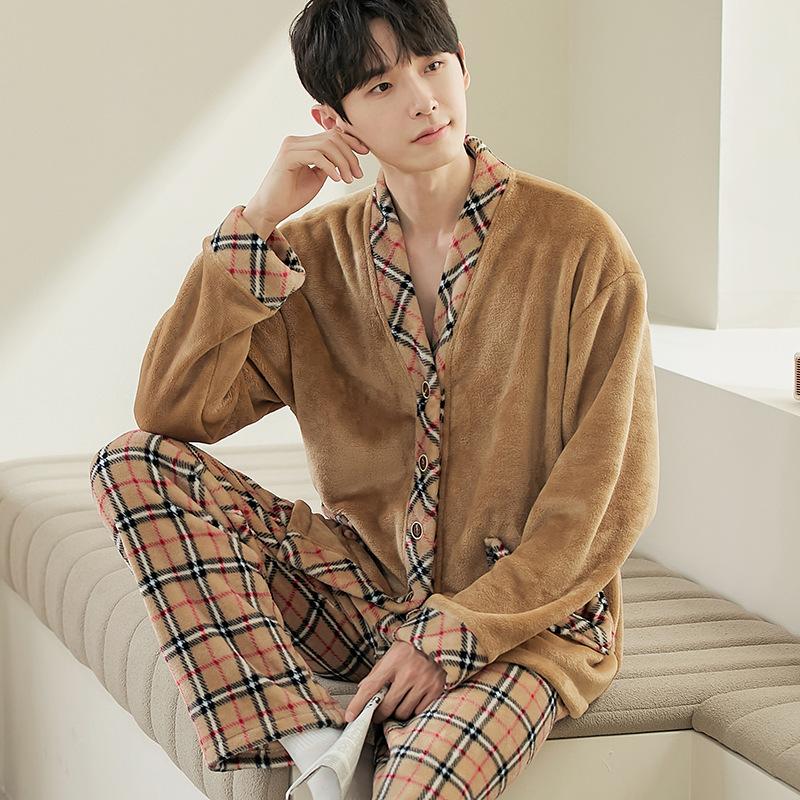New Coral Velvet Couple Pajamas Plus Velvet Bao Li Age Reduction Grid The Same Coffee Color Couples Can Be Worn Autumn Winter