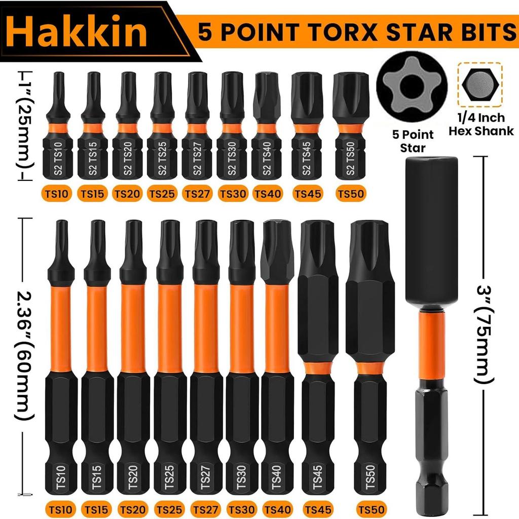 19pcs Torx Driver Bit Set, Magnetic S2 Steel, T10, T15, T20, T25, T27, T30 T40, T45, T50, 5 Point Star Torx Bit Set