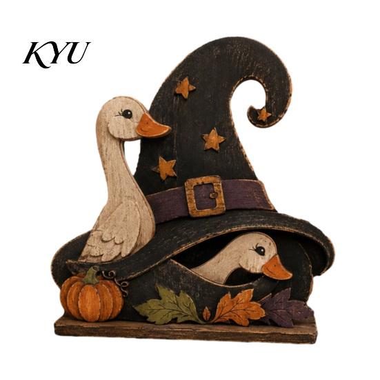 Wooden Pumpkin House Ornaments Pumpkin/Witch Hat Ornament, Cute Goose Figurine for Autumn Table Thanksgiving Centerpieces Decor, Retro Distressed