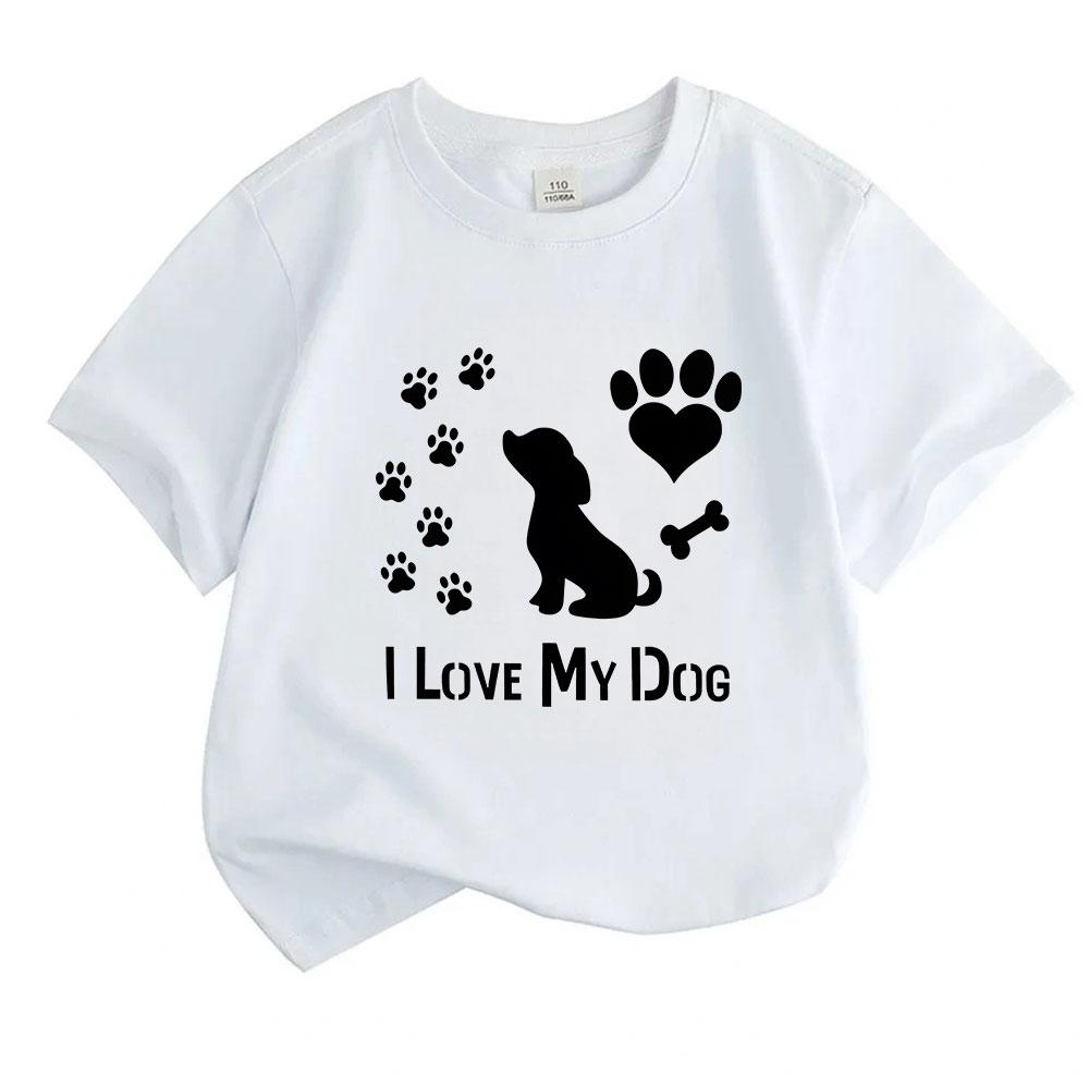 Kids Boys Girls 100% Cotton Crew Neck Short Sleeve T-Shirt, I Love My Dog Paw Print Heart Bone Pattern Casual Soft Tee for Children Daily Wear Puppy L