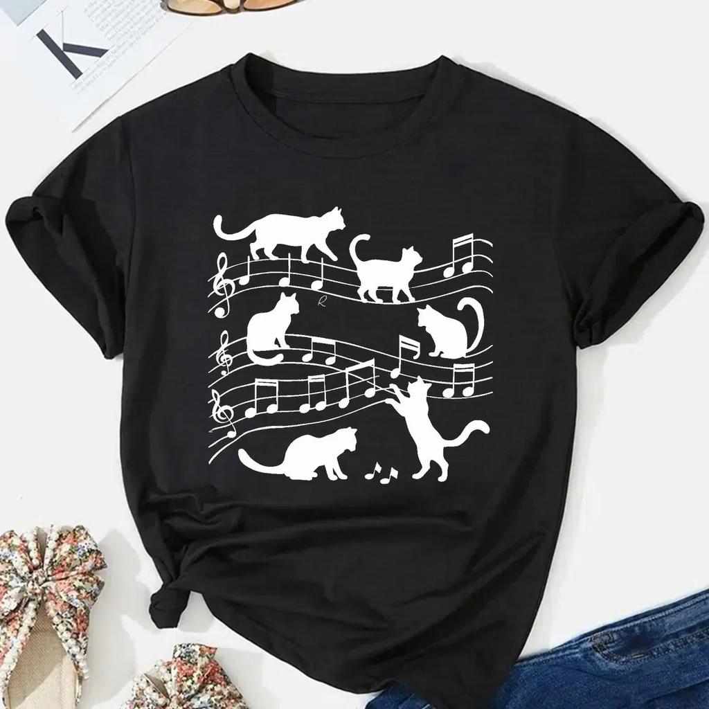 Музыка и принт кошки Футболка с круглым вырезом Повседневный топ с коротким рукавом удобной посадки для весны и лета Женская одежда