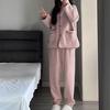 2 Pcs/Set Winter Women Pajamas Suit Coral Fleece Round Neck Single-breasted Long Sleeve Top Loose Pants Warm Sleepwear Casual Home Wear Clothes